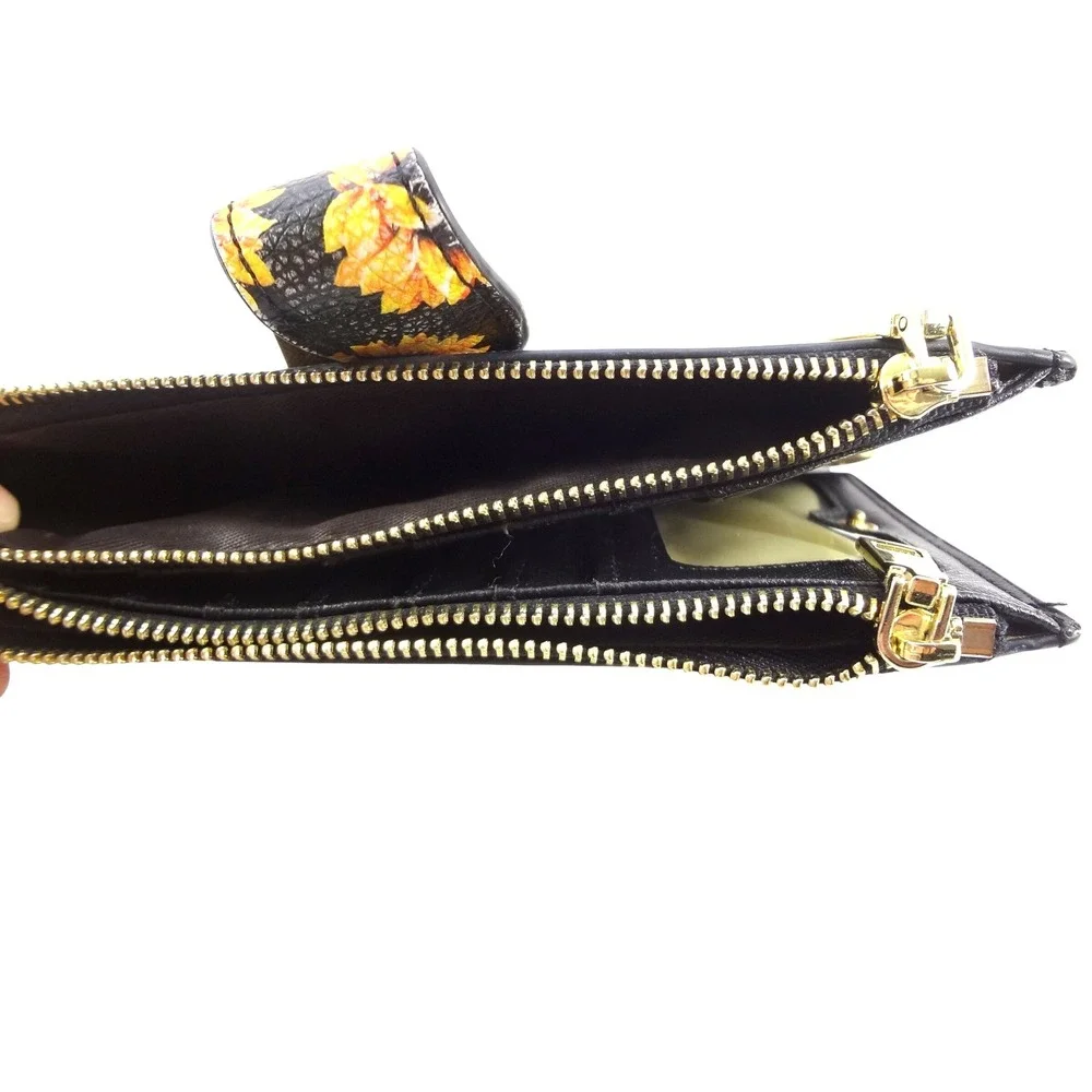 Sunflower Print Slim Bifold Wallet Black Yellow Faux Leather Dual‎ Zip Organizer
